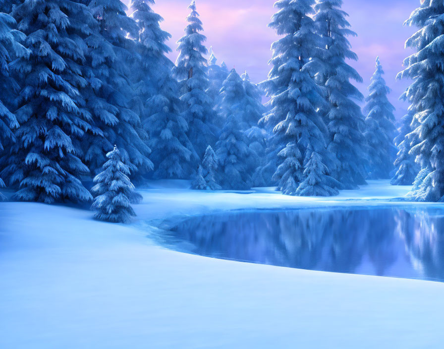 Snow-covered pine trees by frozen lake in serene winter landscape