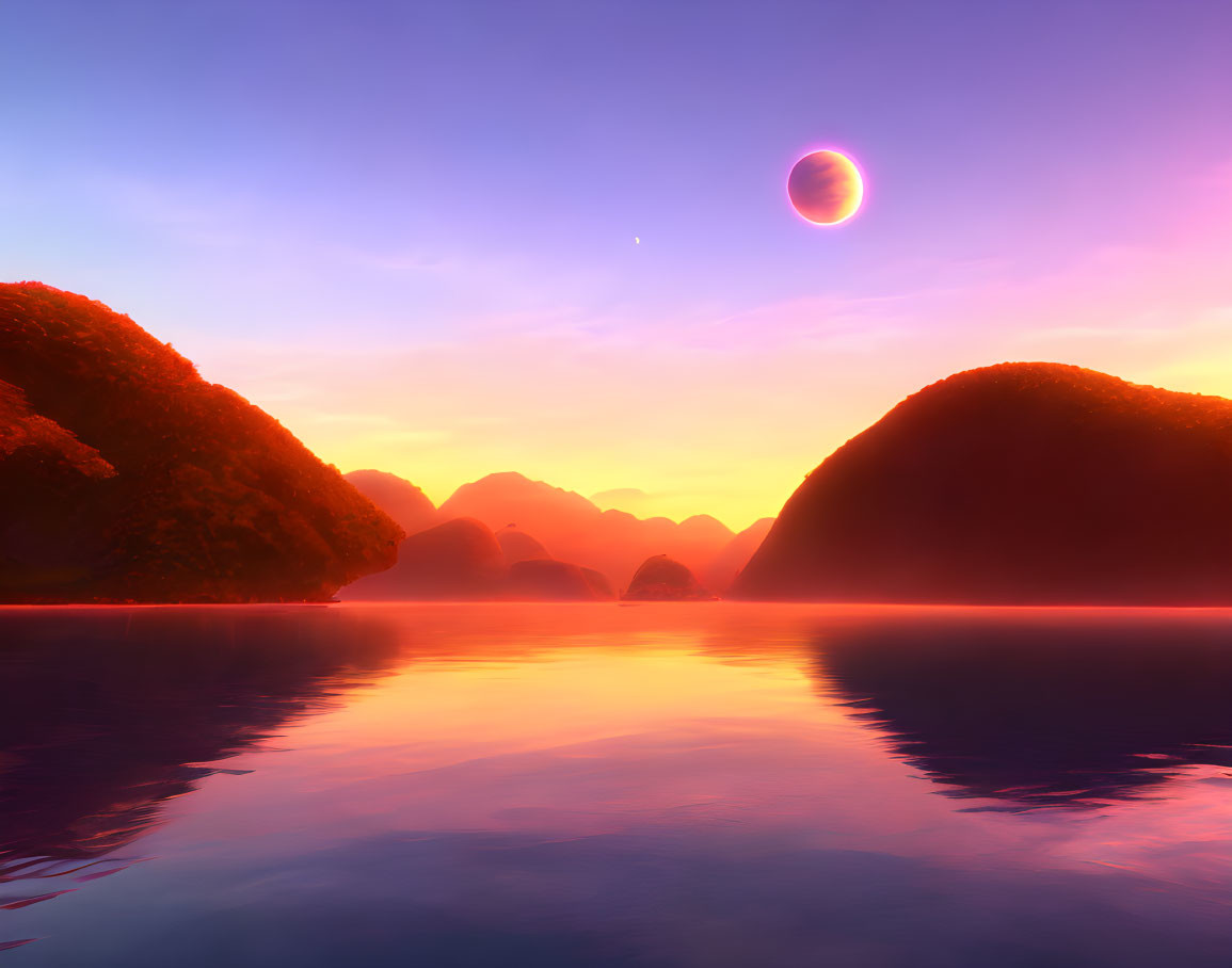 Tranquil sunset lake with mountains, planet, and moon in purple-pink skies