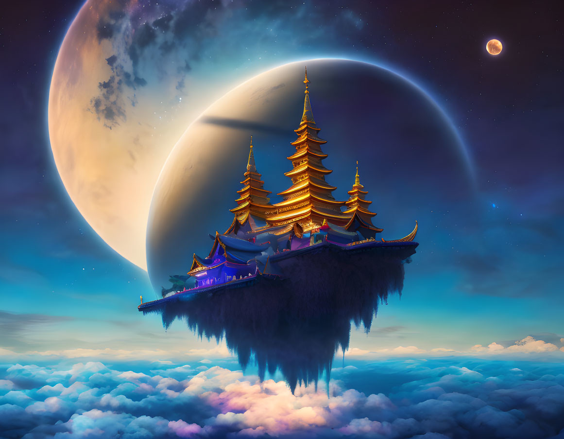 Traditional Asian-style palace on floating island in celestial sky