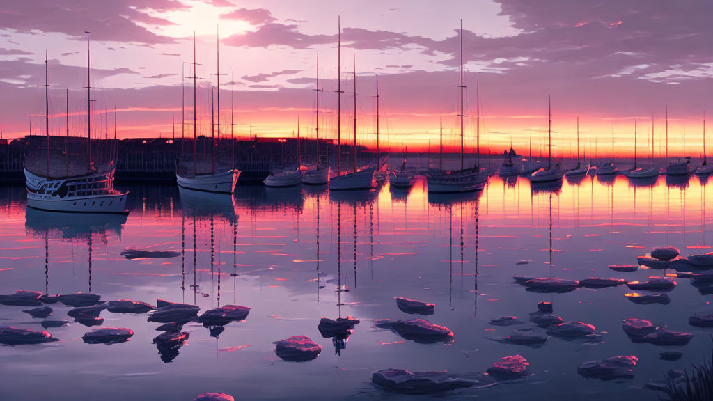 Sailboats in serene waters at sunset with reflections of sky and ice