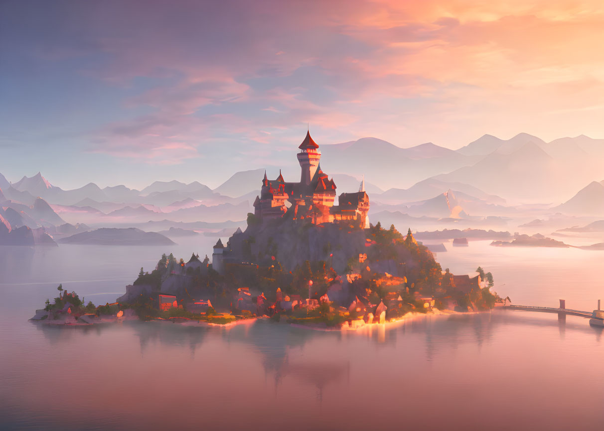 Fantasy castle on island at sunrise with lake and mountains