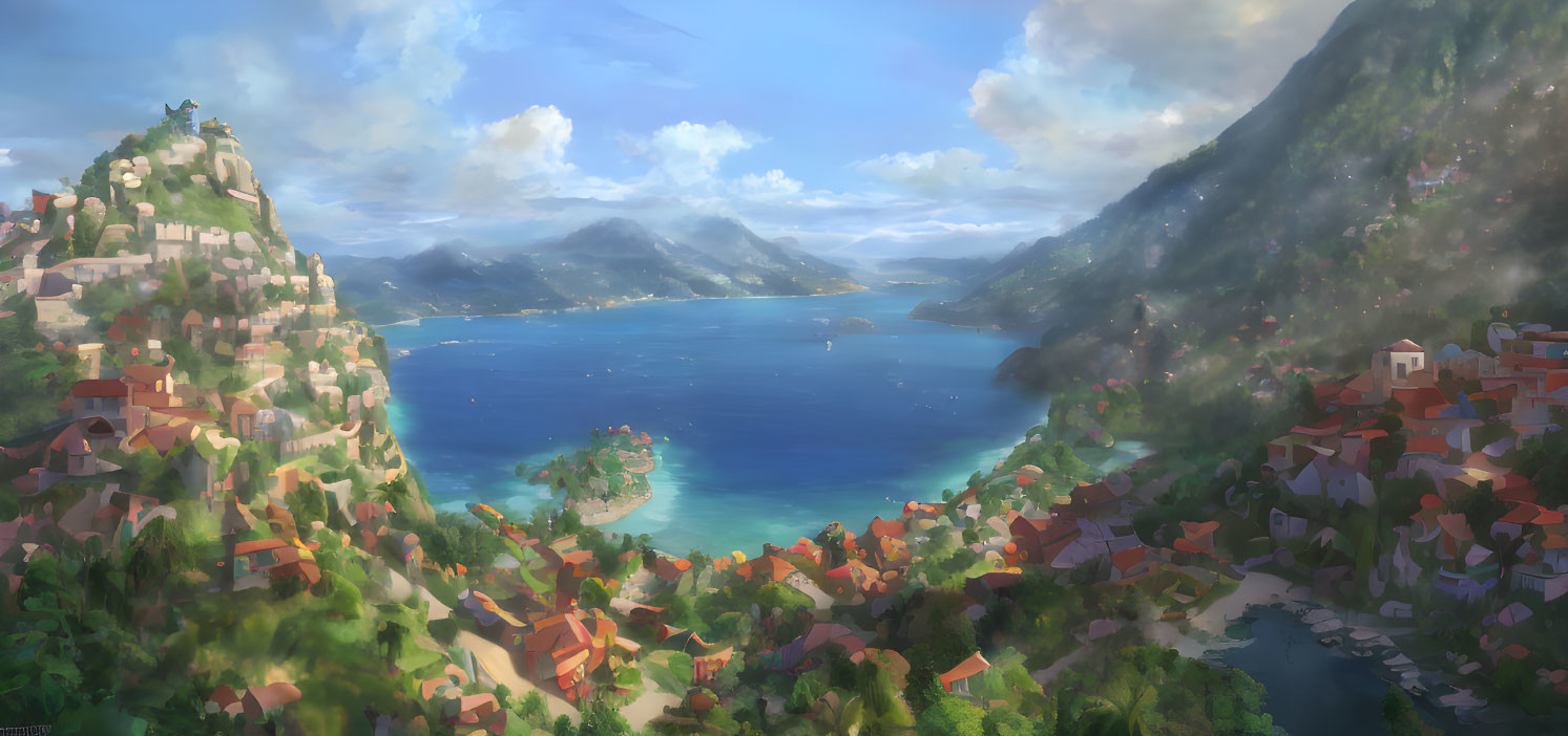 Scenic coastal town with terracotta roofs by lush hillside and blue bay.