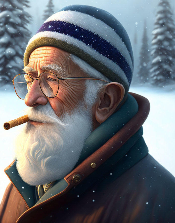 Elderly man with white beard in glasses smoking cigar in snowy scene