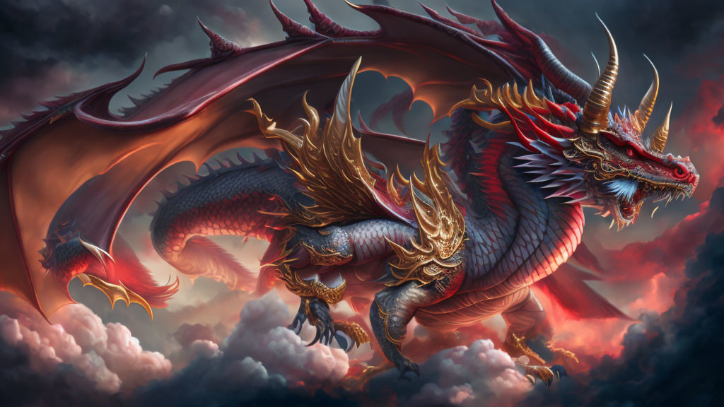 Majestic dragon with horns and golden accents in stormy sky