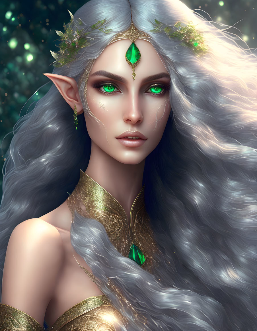 Elf illustration with pointed ears, green eyes, grey hair, golden crown, and green gemstone jewelry