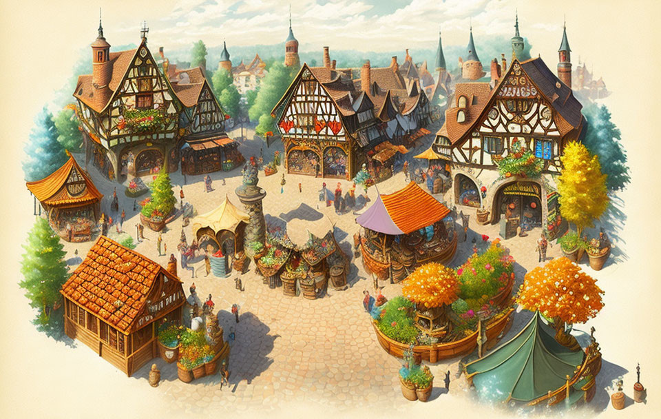 Medieval-style village market with colorful stalls and timber-framed houses