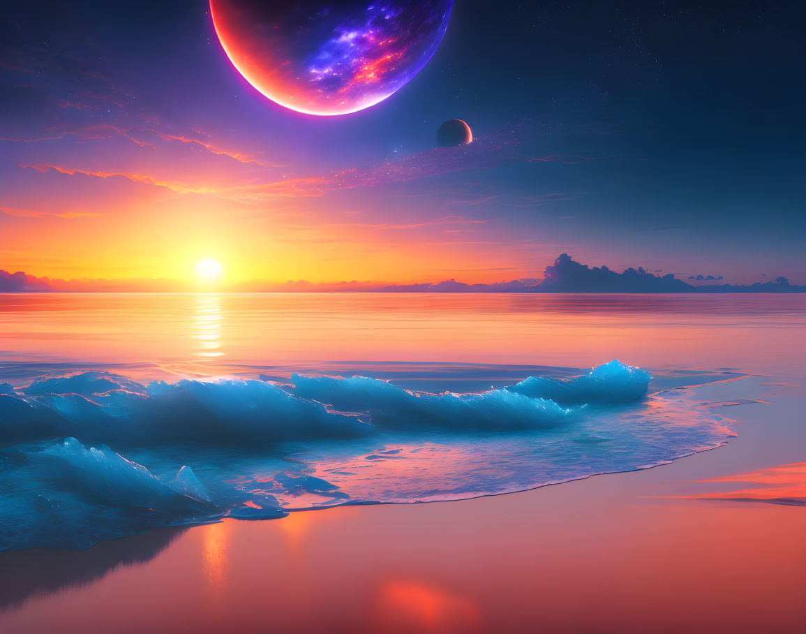 Vibrant surreal sunset over ocean with fantastical planets in sky