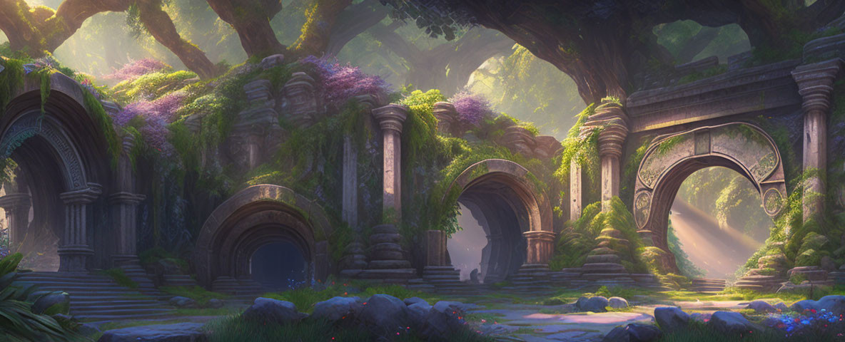 Enchanting forest with ancient ivy-covered archways and ruins.