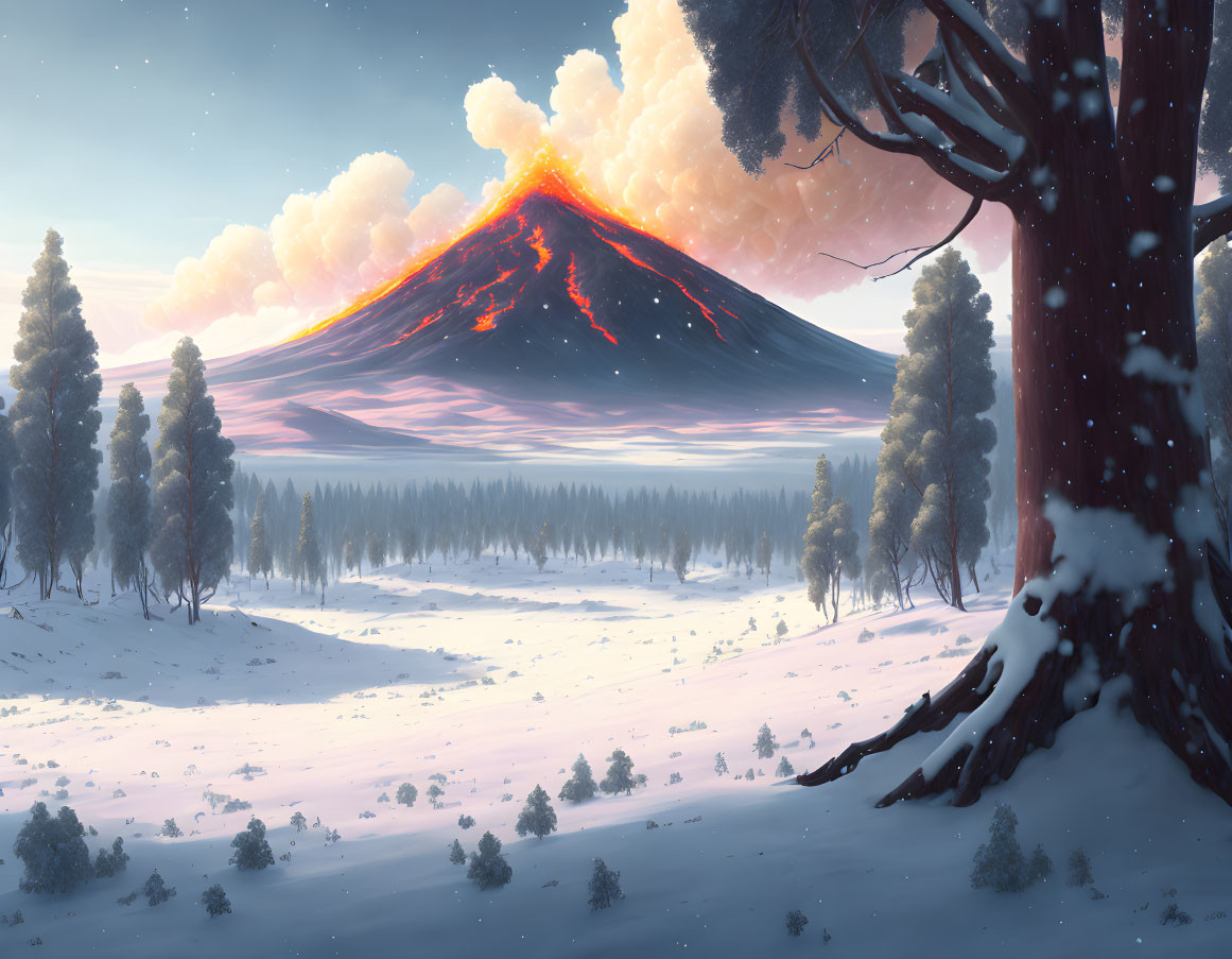 Snowy landscape with erupting volcano in twilight forest scene