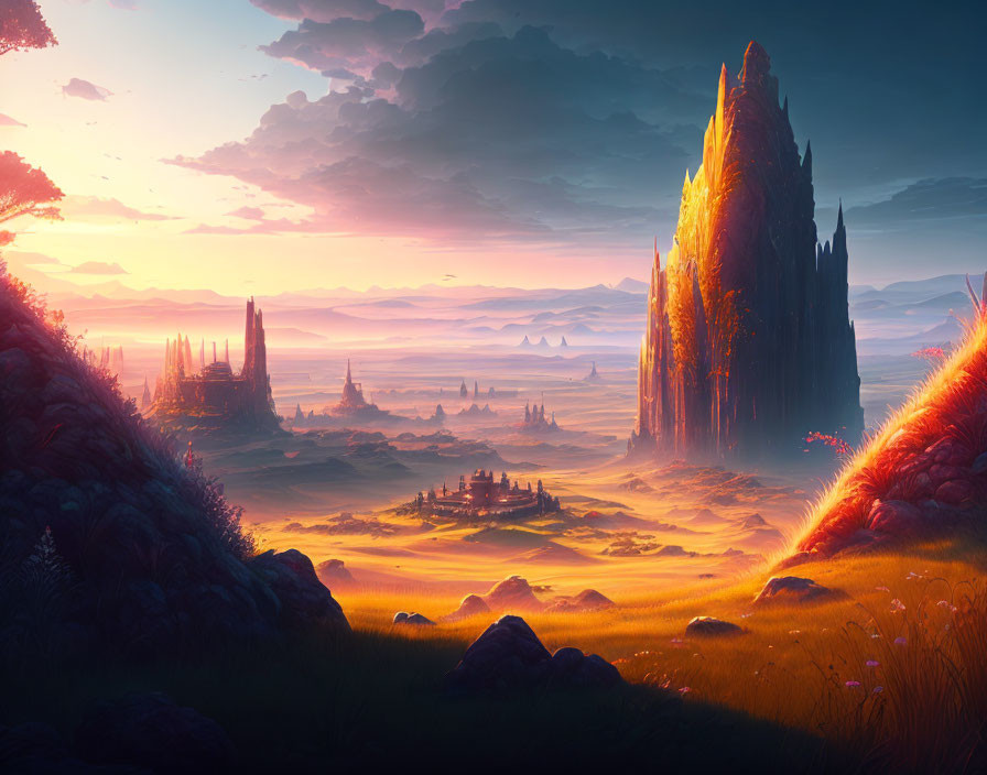 Fantastical landscape with towering spires and golden dunes under a hazy sunrise sky