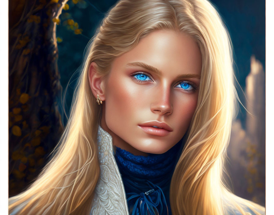 Portrait of woman with blue eyes, blonde hair, blue turtleneck, against blurred nature.