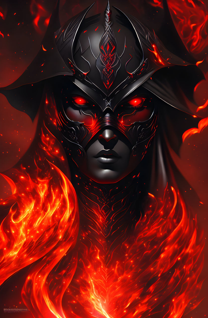 Red-eyed figure in black armor amidst swirling flames