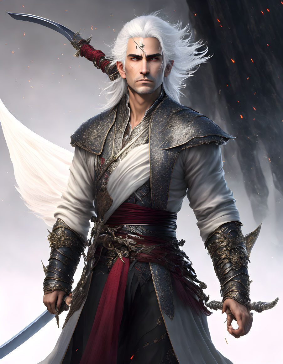 White-Haired Warrior in Ornate Armor with Curved Sword in Stormy Sky