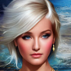 Woman with flowing white hair and striking makeup in oceanic night sky artwork