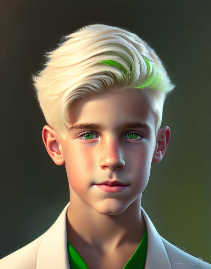 Digital portrait: Young boy with green eyes, platinum blonde hair, white jacket, green shirt