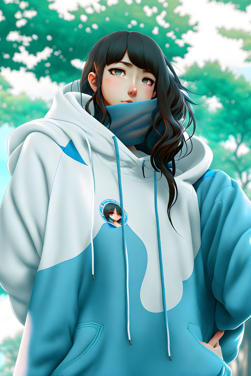 Illustrated female character with long black hair in blue hoodie and face mask against green backdrop