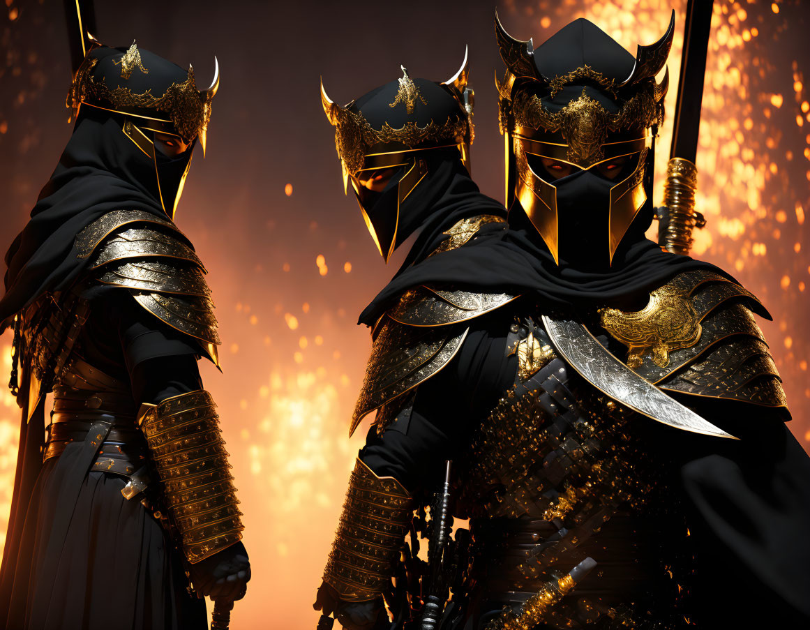 Three warriors in black and gold armor against fiery backdrop