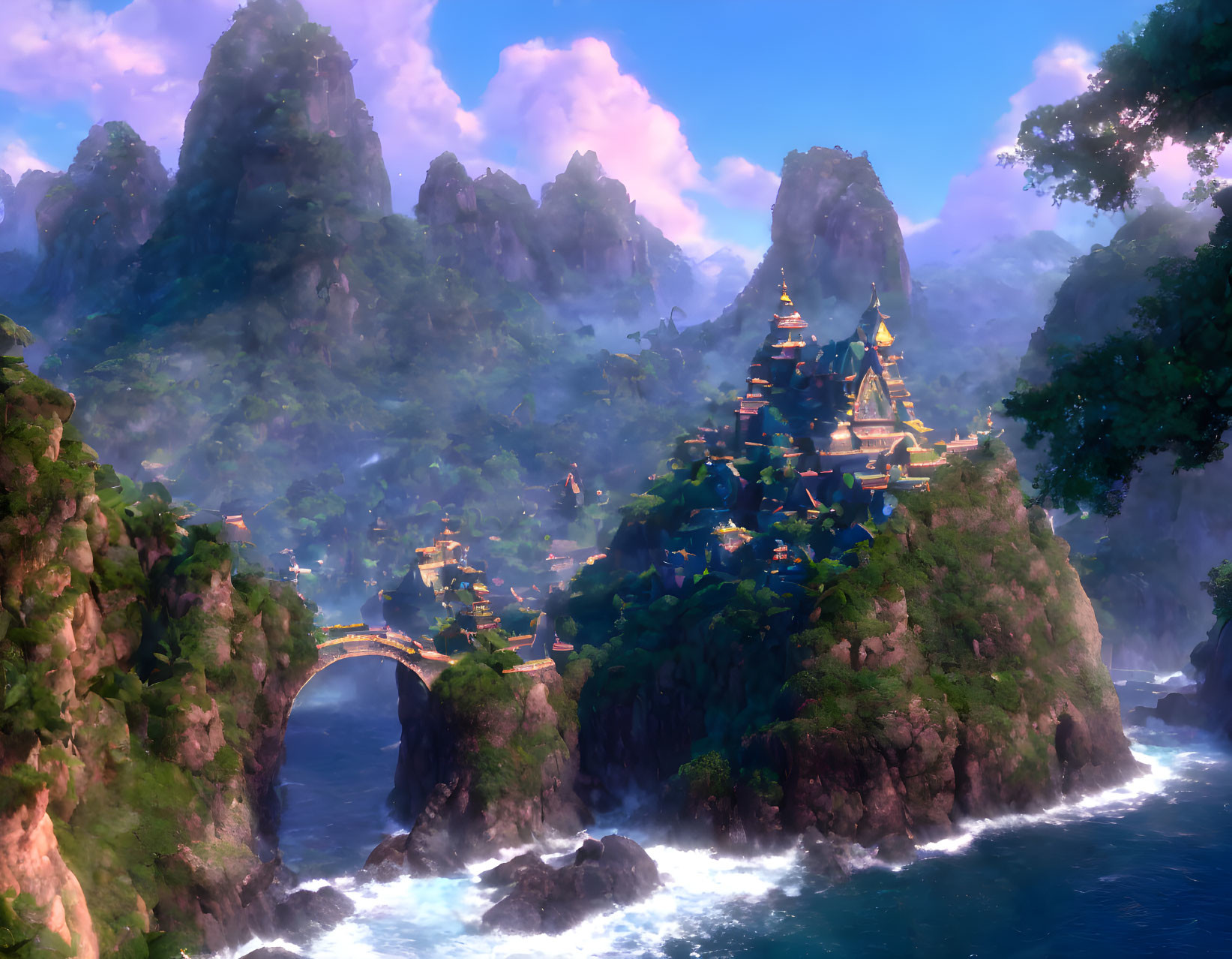 Fantastical landscape with towering temple, lush forests, cliffs, bridge, and sea