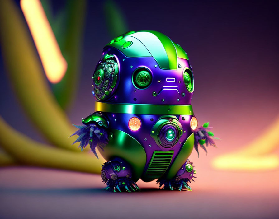 Colorful spherical robot with green and purple patterns and illuminated circular features on purple and yellow backdrop.