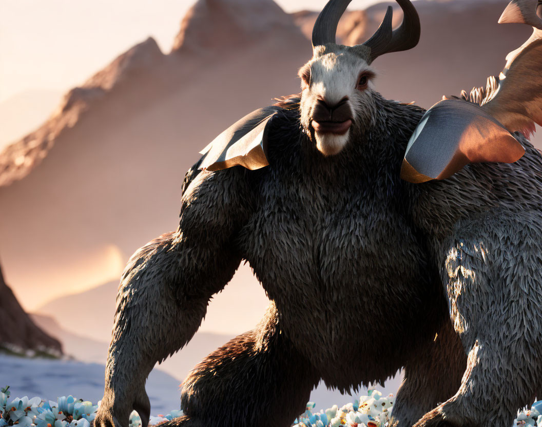 Grey furry minotaur with ram horns among blue flowers against sunset mountain horizon