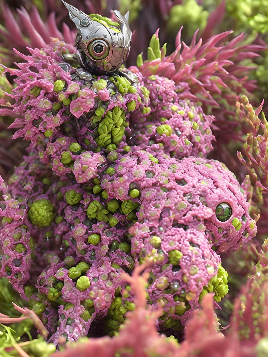 Robotic creature blending in pink and green plant textures