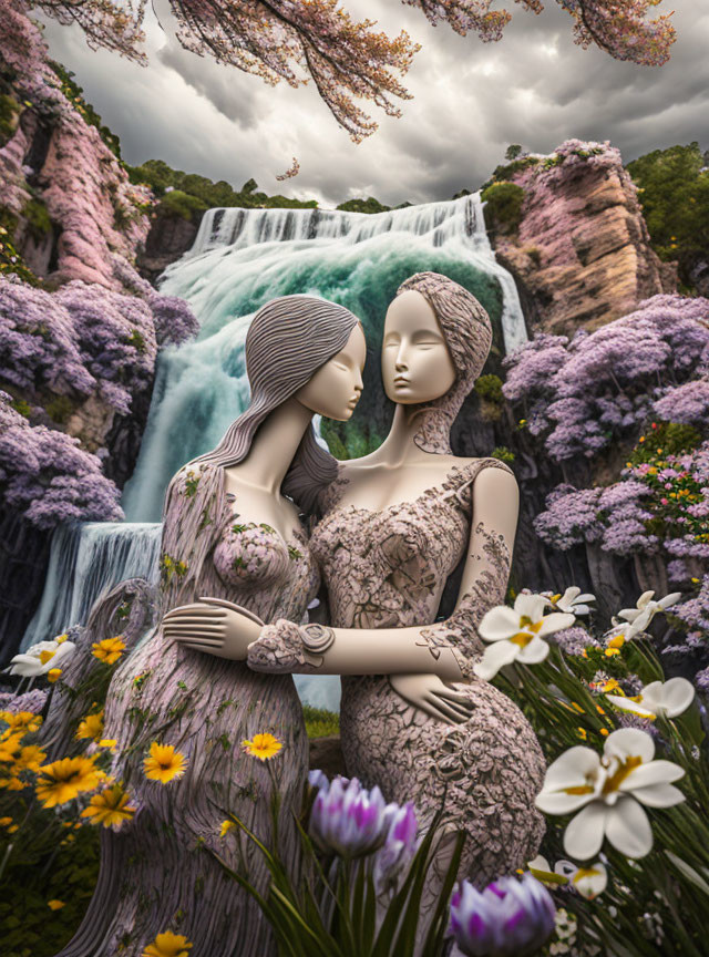 Entwined statues of women in colorful landscape with waterfall