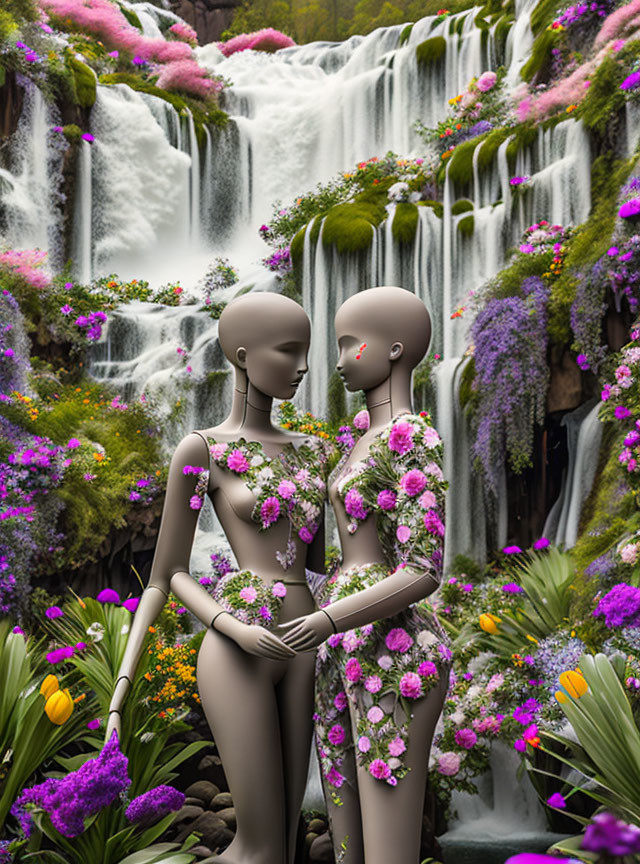 Mannequins with flowers by waterfall in lush setting