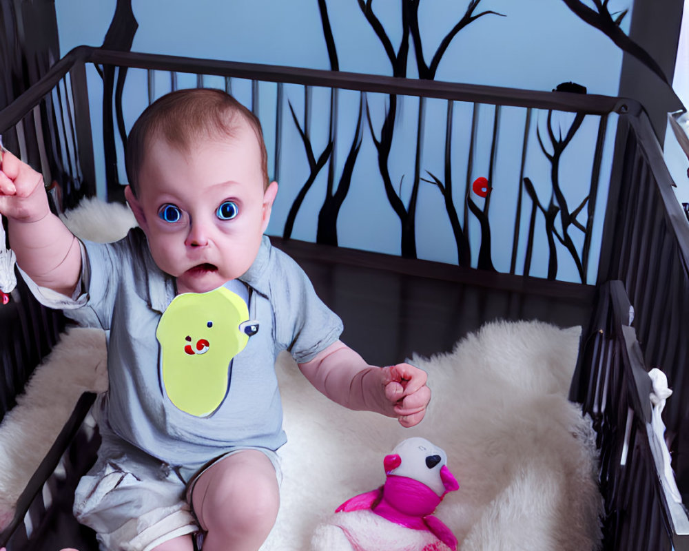 Wide-eyed baby in bib with pink toy in crib against whimsical tree mural