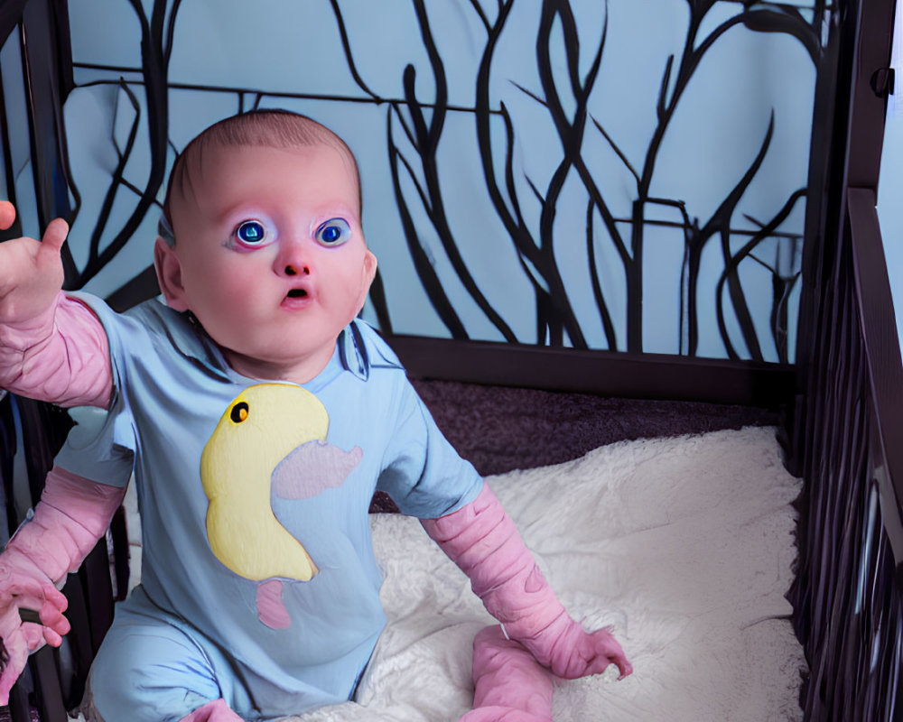 Adorable baby in blue onesie with duck, surrounded by soft toys