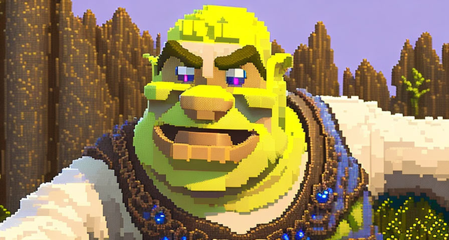 Pixelated 3D Shrek in Minecraft-style forest setting