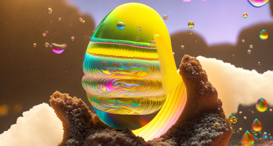 Iridescent Egg-shaped Object Surrounded by Bubbles on Warm Background