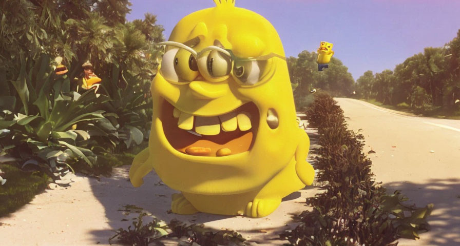 Yellow animated character with glasses surrounded by smaller versions in sunny suburban scene