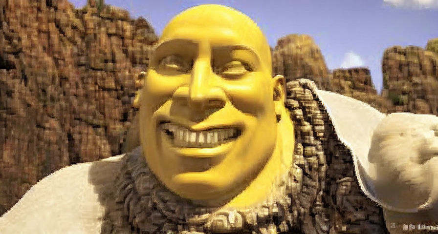 Smiling ogre in medieval attire on rocky terrain with blue sky