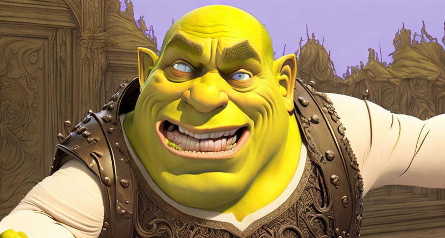 Smiling green ogre in brown vest on ornate golden background