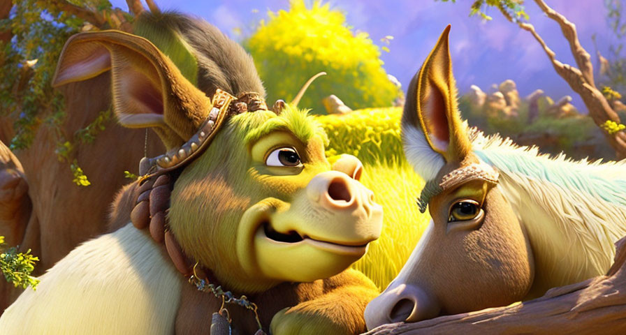 Two animated donkeys with unique accessories in nature setting