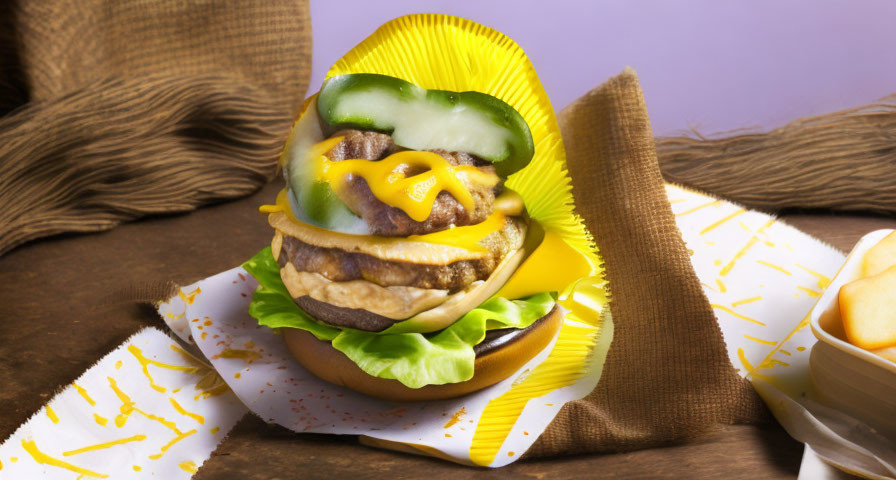 Vibrant burger with lettuce, cheese, and cucumber on yellow buns, served with fries on