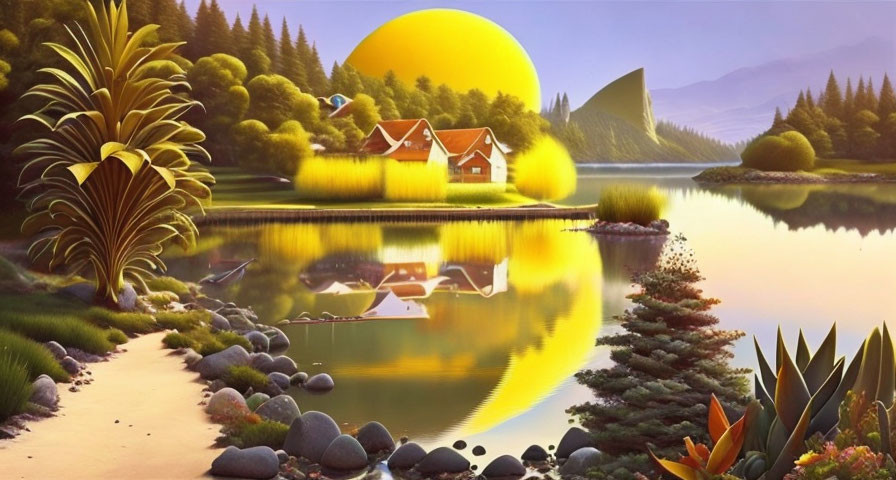 Tranquil sunset landscape with mountains, lake, and cozy houses