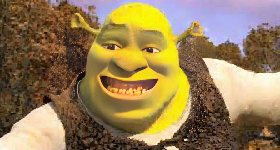 Smiling animated ogre in white shirt and brown vest with tree background