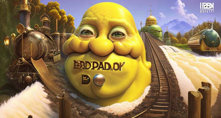 Whimsical yellow face with train tracks and golden train in fantastical landscape