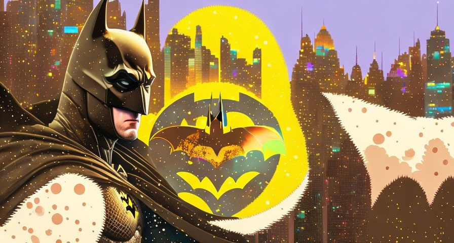 Stylized Batman illustration with Gotham City backdrop and Bat-Signal.