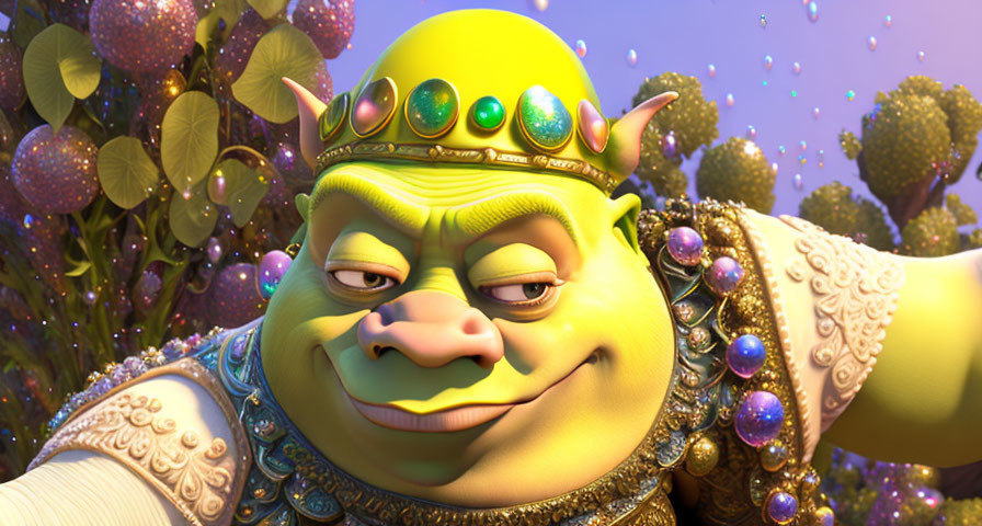 3D animated ogre wearing a crown in festive setting with golden ornaments