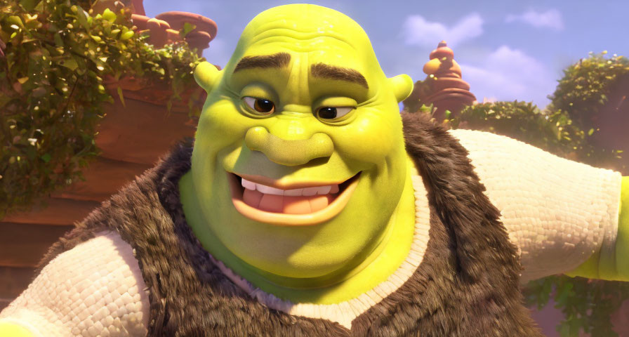 Smiling green ogre in brown vest and white shirt in sunny forest