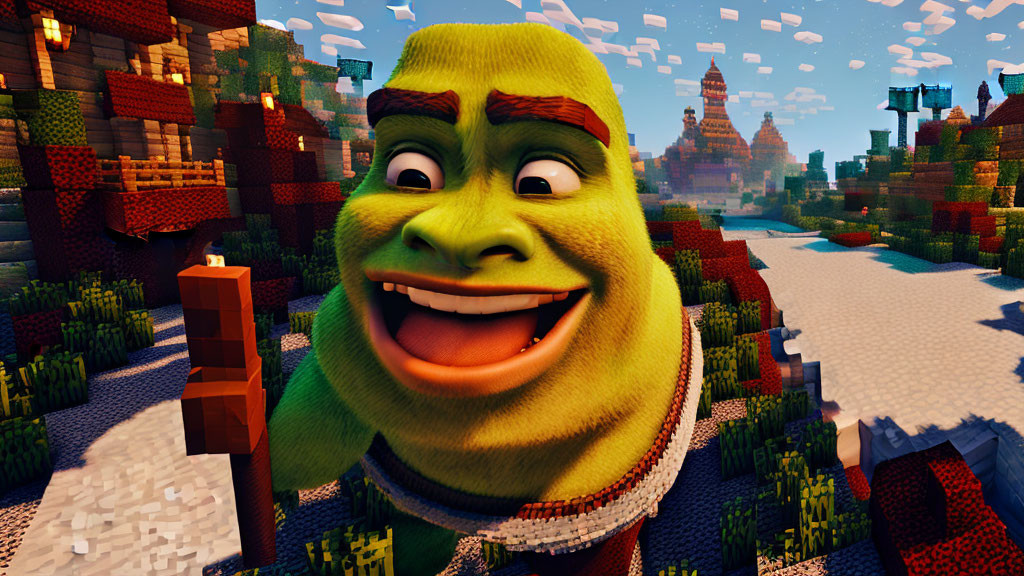 3D rendering of smiling Shrek in Minecraft-style landscape