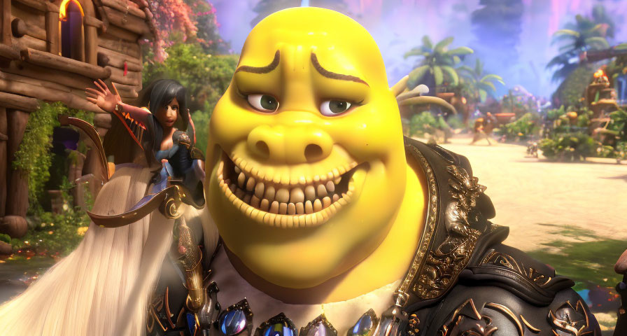 Smiling animated ogre with tiny warrior in whimsical fantasy scene