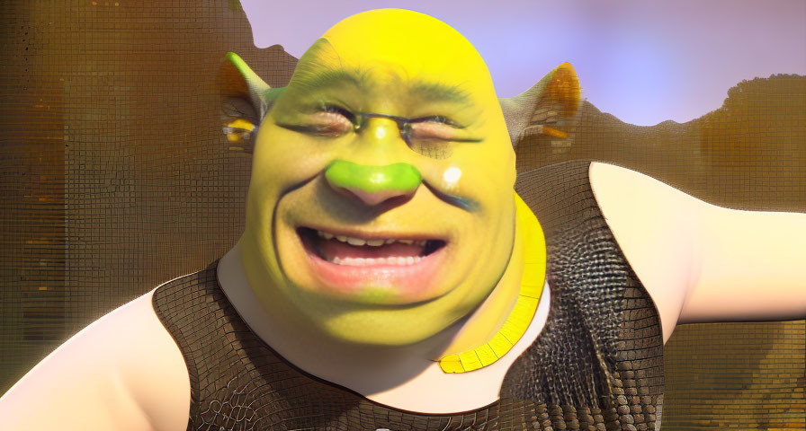 Smiling Shrek Close-Up on Abstract Golden Background