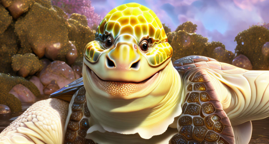 Cheerful turtle with intricate shell patterns in blurred purple background