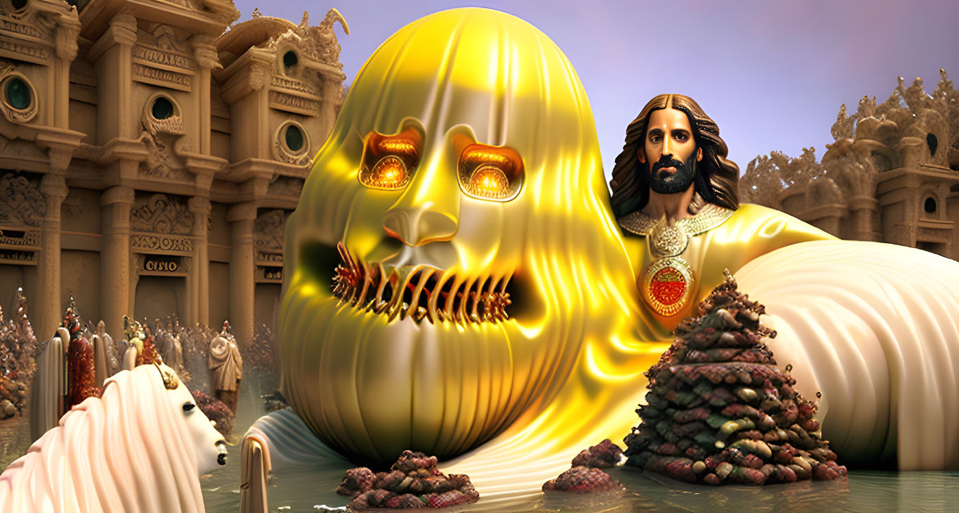 Large golden skull and Jesus-like figure in surreal artwork