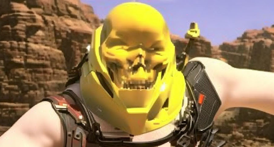 Yellow skull-headed humanoid in futuristic armor on desert backdrop