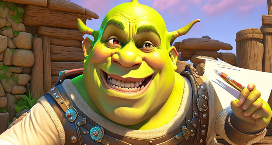 Green-skinned animated ogre in vest and belt, smiling with pencil and paper in hand against wooden