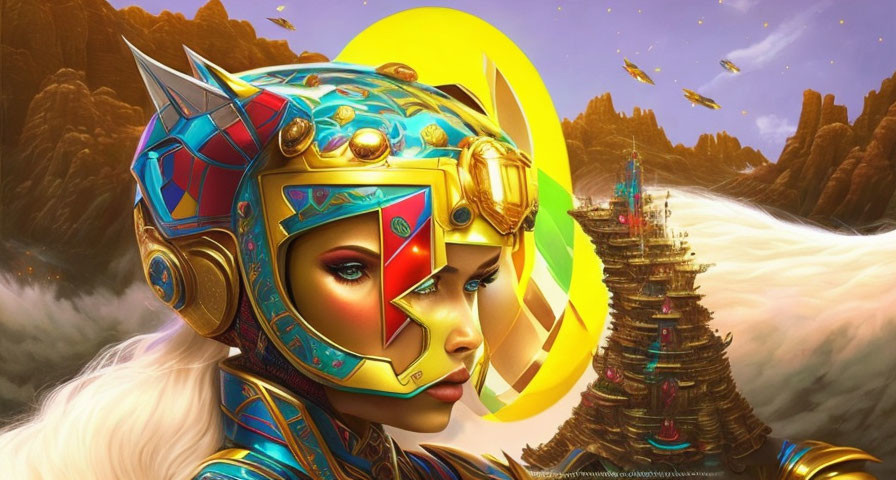 Colorful futuristic helmet on woman against fantastical tower and golden sky